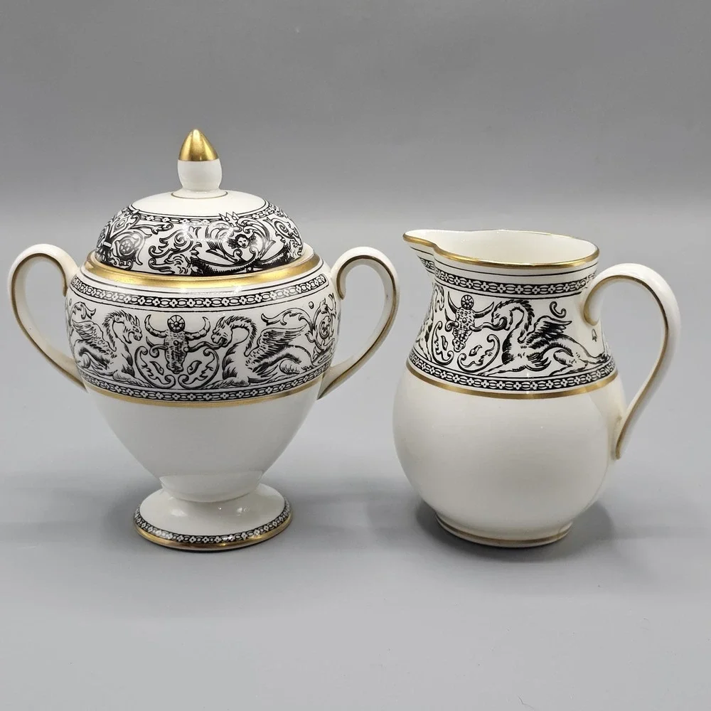 Wedgwood Florentine Black Dragon Sugar Bowl & Creamer Set Made In England Bone